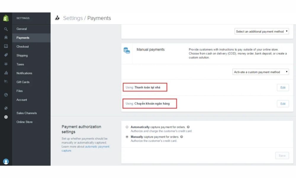 Hình thức thanh toán trên Shopify