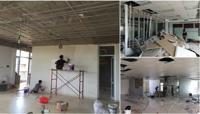đội ngũ công nhân thực hiện công việc hoàn trả mặt bằng văn phòng