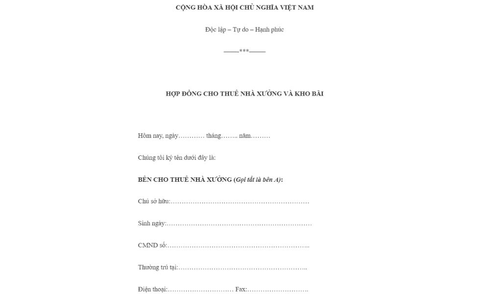 Mẫu hợp đồng mượn kho bãi mới nhất năm 2024